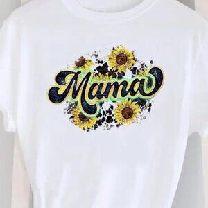 MAMA Sunflower Background Printed Black Round Neck Short-Sleeved T-Shirt Size L